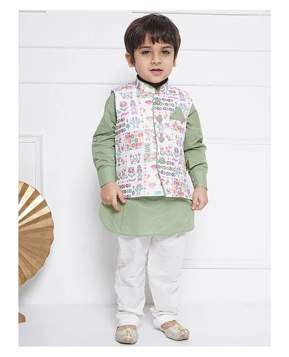 AJ Dezines Full Sleeves Solid Kurta & Pyjama With Floral Printed Jacket - Green